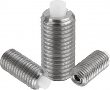 čepy s kuličkami – Pružné opěrky s vnitřním šestihranem a tlačným prvkem z POM zploštělé, nerezová ocel