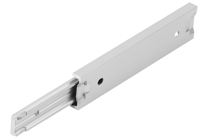 Teleskopická lišta z hliníku pro boční montáž, částečné vysunutí na obou stranách, nosnost až 7 kg
