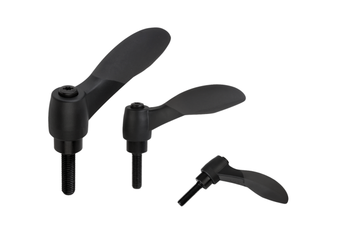 Clamping levers 2K with external thread, threaded pin black oxidised steel