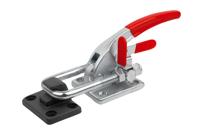Latch clamps, steel or stainless steel, horizontal, heavy-duty version with catch plate and safety interlock, up to 34000N
