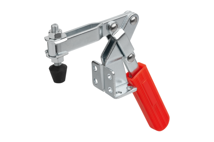 Toggle clamps, steel, horizontal with angled foot and adjustable clamping spindle 1000N