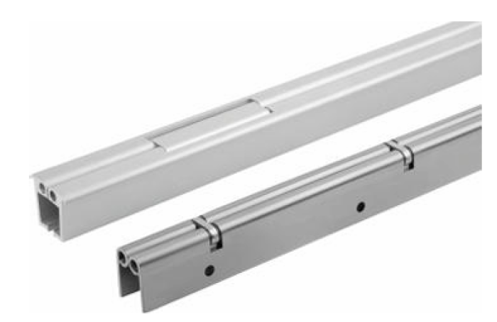 Piano hinge with double joint, stainless steel or aluminium