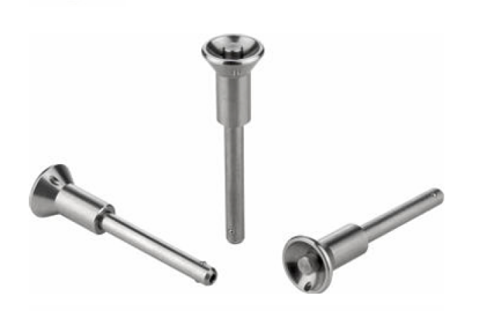 Ball lock pins with stainless steel mushroom grip and high shear strength
