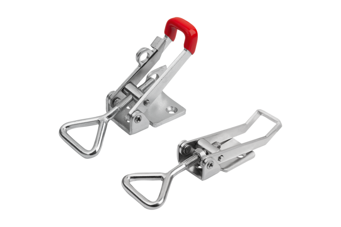 Steel or stainless steel toggle latches with triangular clamping bail, up to 1000 N, adjustable, with visible screw holes