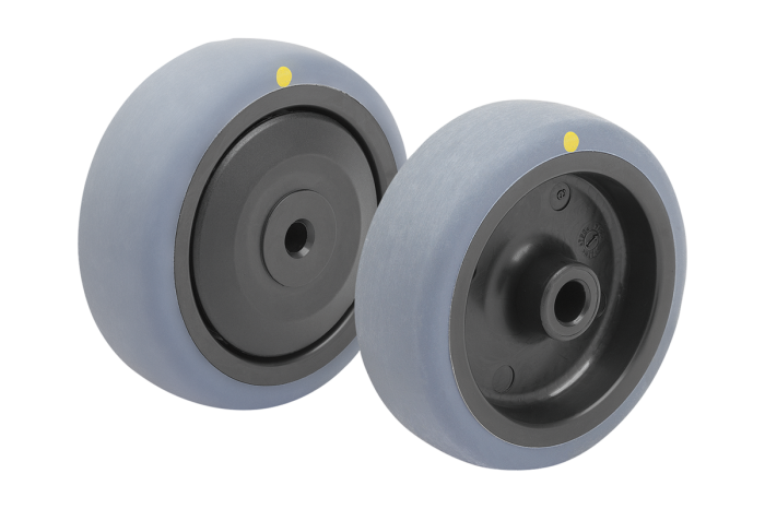 Electrically conductive polypropylene wheels with rubber tread